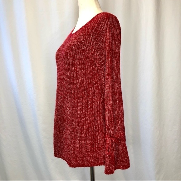 Moth (Anthropologie) tie sleeve sweater cranberry red gold metallic thread S - Picture 6 of 10